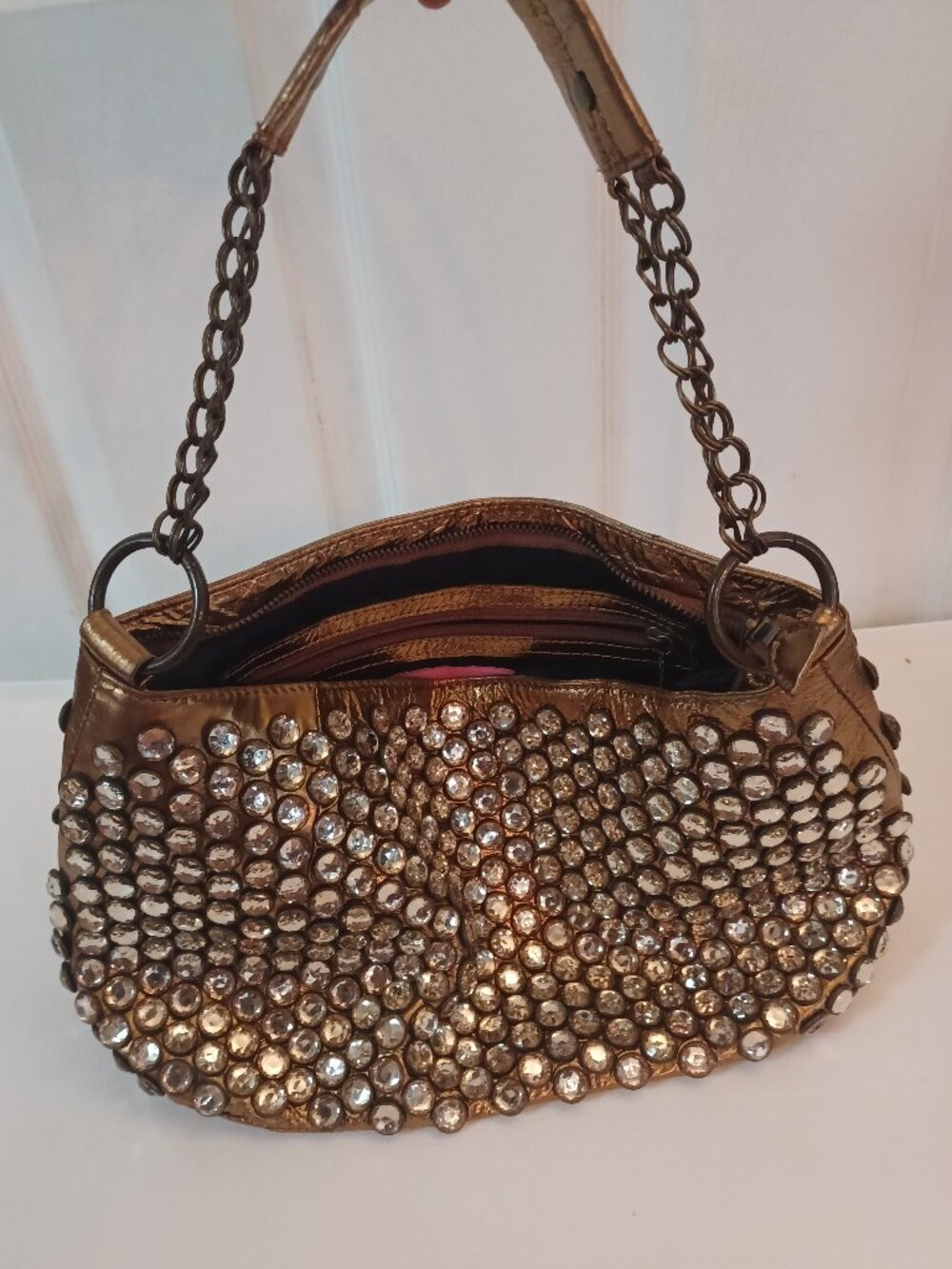 Vintage Betsey Johnson Gold Leather Rhinestone Studded Shoulder Bag Y2K EUC